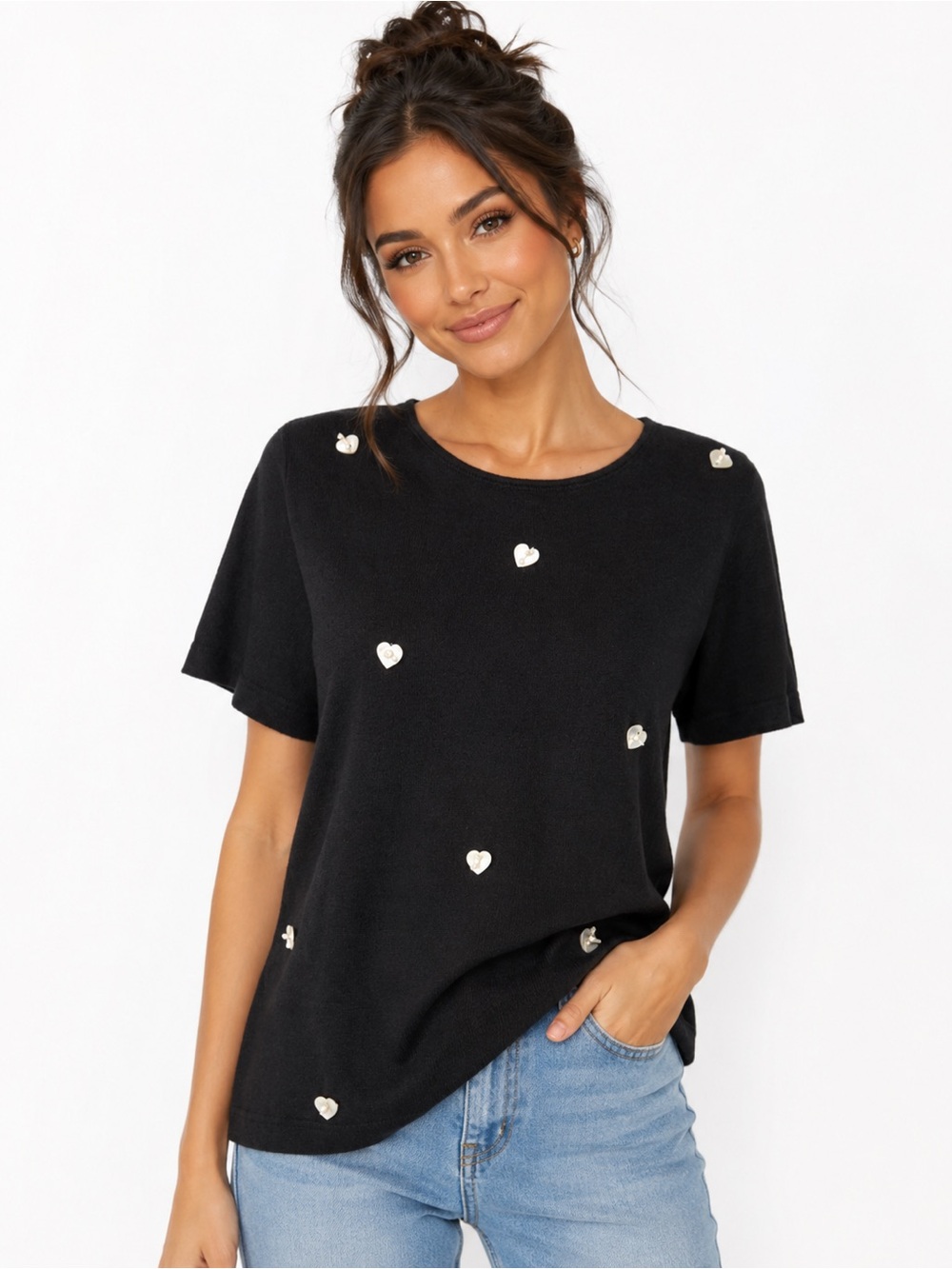 Susan Bristol S‎ black Linen Cotton Heart Applique Short Sleeve Sweate